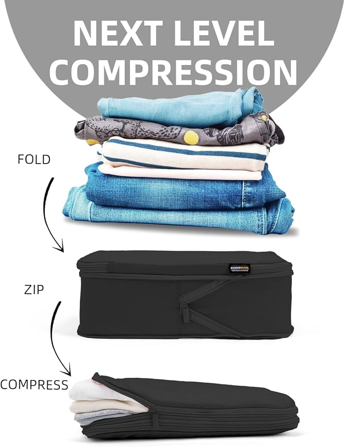 6 Set Compression Packing Cubes for Travel, Large Medium Small Luggage Organizers, Storage Bags for Clothes (6 Pack, Pure Black)