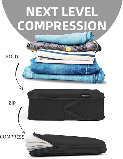 6 Set Compression Packing Cubes for Travel, Large Medium Small Luggage Organizers, Storage Bags for Clothes (6 Pack, Pure Black)