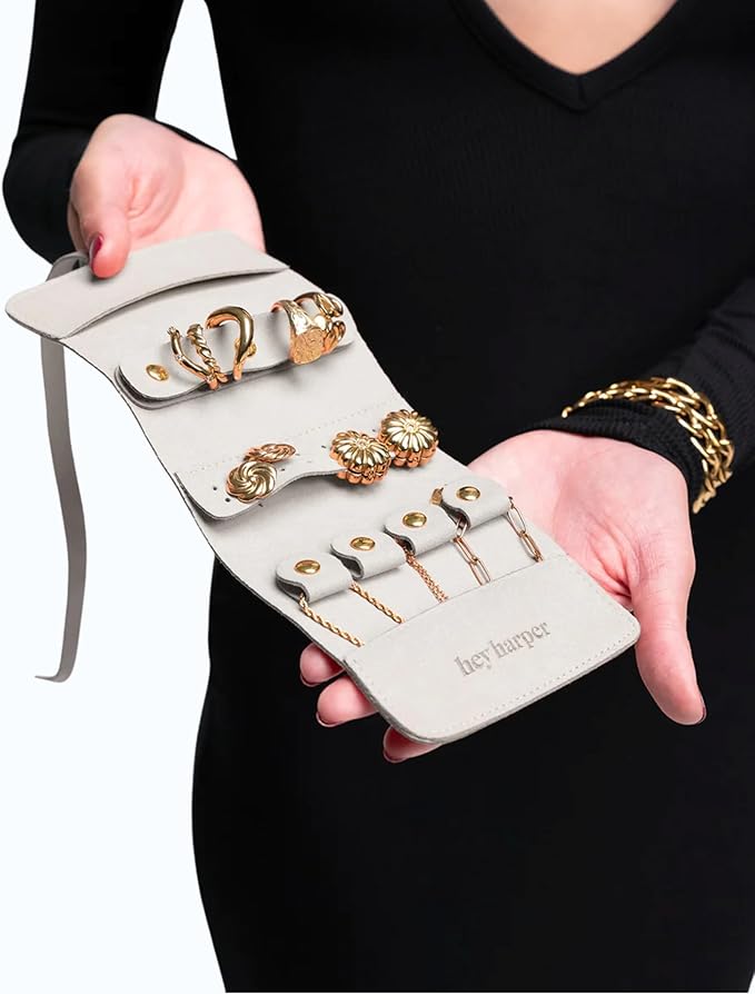 Hey Harper Travel Jewelry Organizer Roll – Compact Storage Pouch for Rings, Earrings, Necklaces & Bracelets – Foldable Case for Women (Included Only Roll) (Slate)