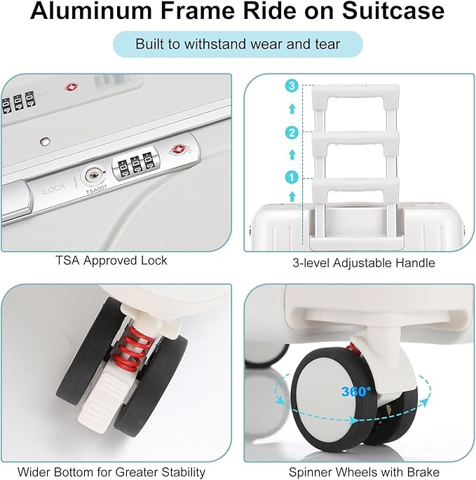 20 Inch Ride on Luggage with Seat for Kids Top Opening Aluminum Frame Suitcase with Spinner Wheels Locks for Travel(White)