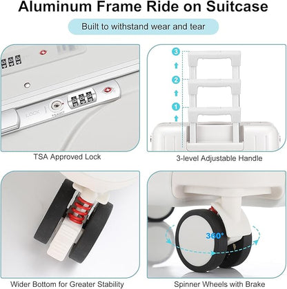 20 Inch Ride on Luggage with Seat for Kids Top Opening Aluminum Frame Suitcase with Spinner Wheels Locks for Travel(White)