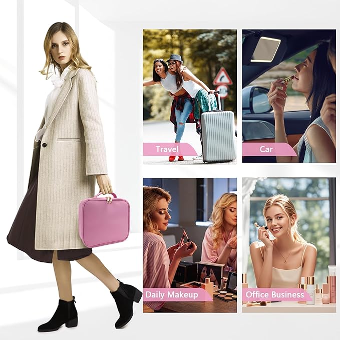 Travel Makeup Bag for Makeup Artists Large Makeup Case,with Mirror 3 Color Setting and Detachable 10x Magnifying Mirror Travel Makeup Bag,Portable Storage and Adjustable Dividers（Dark Pink）