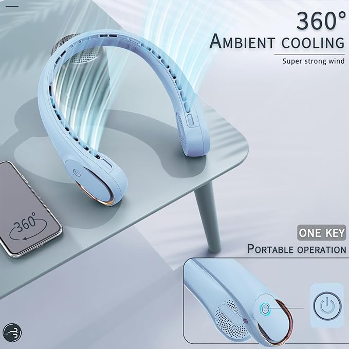 Neck Fan, Bladeless Neck Fan, USB Rechargeable Personal Fan, 4000 mAh Battery Operated Wearable Fan, 3 Speeds Adjustable,Faster Cooling, Ultra Quiet, Suitable for Home, Office, Travel, Sports
