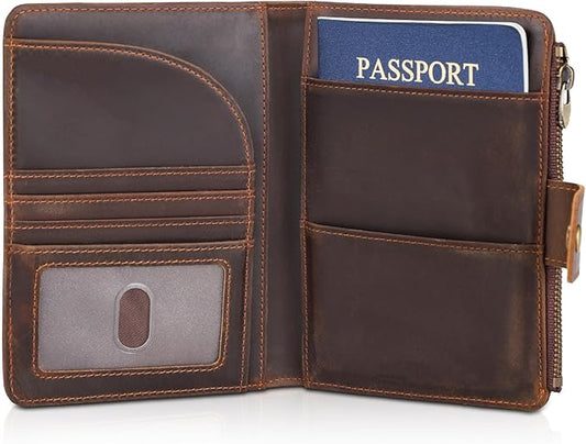 Polare Full Grain Leather Travel Passport Holder with YKK Zipper Pocket Snap Passports Cover RFID Blocking Passport Wallet Holders 2 Passports (Dark Brown with Zipper Pocket)