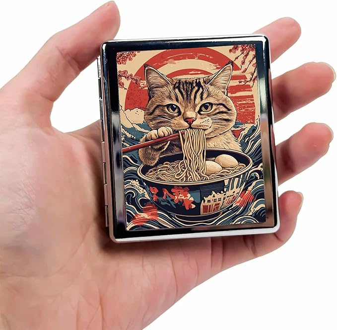 7 Days Chromed Shiny Silver Pill Organizer with Mirror Inside Has 8 Separate Compartments Rectangle,Versatile Storage for Medication - Ideal Travel Accessory (A cat Eating Noodles)