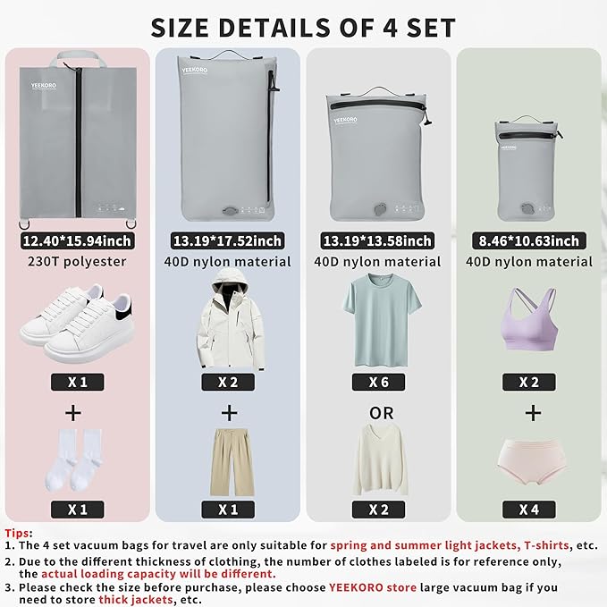 4 Set Vacuum Bags for Travel, Professional Reusable Organizer Bag with IPX8 Waterproof Zipper, Compression Bag for Suitcases, Durable Seal Space Saver Bags -Traveling Essentials (Grey,No Pump)