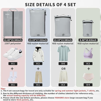 4 Set Vacuum Bags for Travel, Professional Reusable Organizer Bag with IPX8 Waterproof Zipper, Compression Bag for Suitcases, Durable Seal Space Saver Bags -Traveling Essentials (Grey,No Pump)