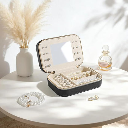 Genuine Leather Travel Jewelry Organizer Case with Mirror for Women, Small Mini Portable Jewelry Box for Ring Earrings Necklace Bracelet Luxury Gift for Women（Black）