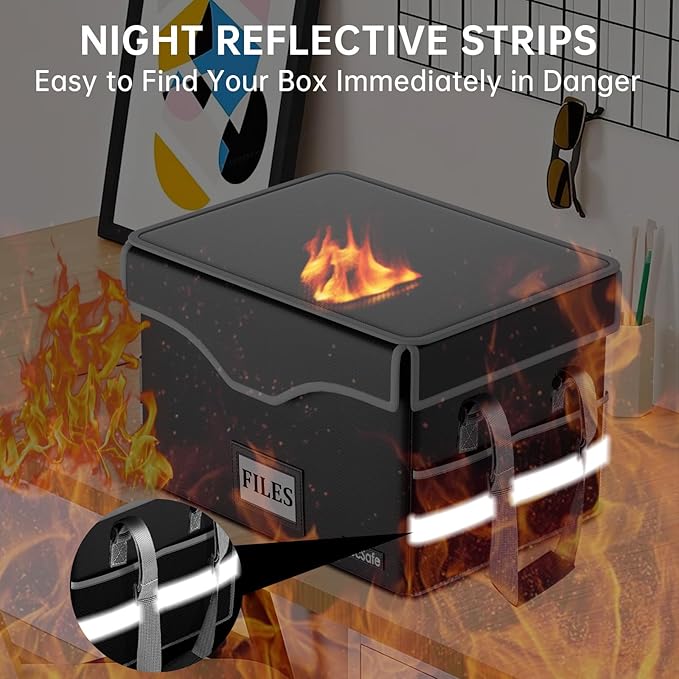 DocSafe 5200°F Fireproof Document Box with Lock,Heat Insulated File Organizer Storage with Pockets,Collapsible Portable Home Office File Safe Box with Handle for Hanging Letter/Legal Folders, Black