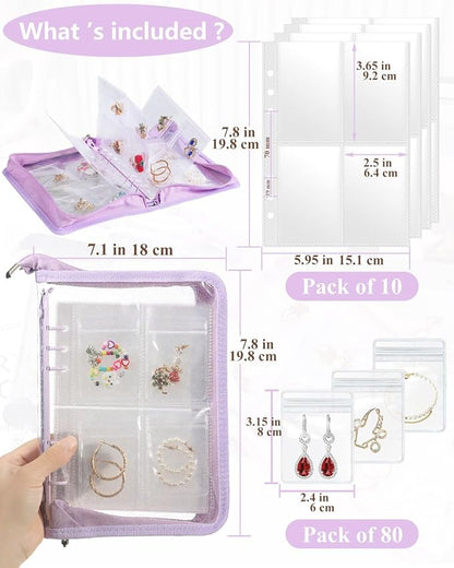 AOLEIXIYA Jewelry Organizer Book Clear Travel earring book organizer Transparent Jewelry Book with Zipper Pouch Bags (Purple,With 80 PCS Small Jewelry Bags)