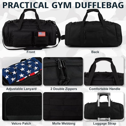 Tactical Gym Bag for Men，70L Large 3 in 1 Sports Duffle Bag with Shoes Compartment for Travel,Water Resistant Travel Backpack Weekender Overnight Bag with Wet Pocket for Women