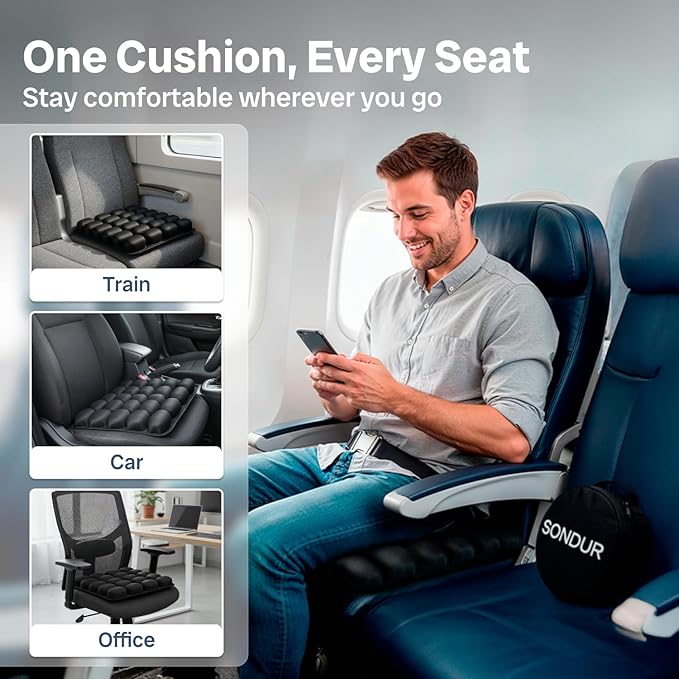 Travel Cushion – CloudAir Technology Airplane Seat Cushion – Inflatable Travel Pillow for Long Flights – Portable Air Cell Design, Puncture-Resistant Waterproof Pad – Black