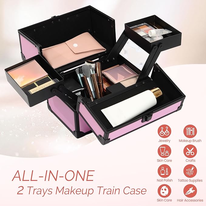 Makeup Train Case 2 Trays Makeup Box Organizer Portable Travel Makeup Case Lockable Makeup Storage Organizer Cosmetic Box for Jewelry Nail Tech Brushes Accessories Tool,Black Pink Pro