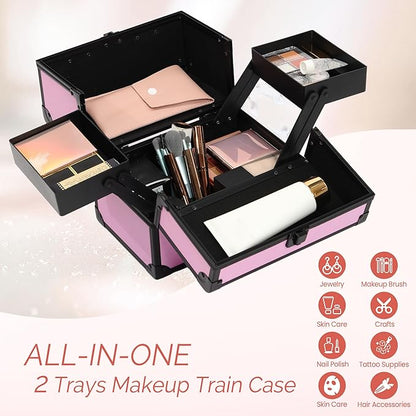 Makeup Train Case 2 Trays Makeup Box Organizer Portable Travel Makeup Case Lockable Makeup Storage Organizer Cosmetic Box for Jewelry Nail Tech Brushes Accessories Tool,Black Pink Pro