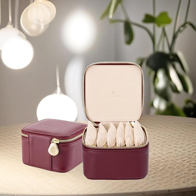 Vlando Travel Jewelry Box Organizer - 6 Small Velvet Zipped Pouches Pockets for Jewelries Necklaces Rings Earrings Sorting Storage, Burgundy
