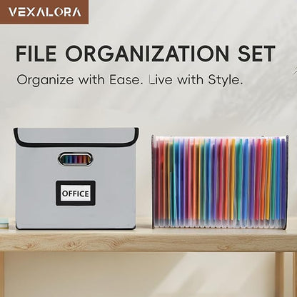 File Organizer Box with Folder, 25 Pockets Accordion File Organizer with Colored Labels, Upgraded & Portable File Folders for Home, Office, School, Silver