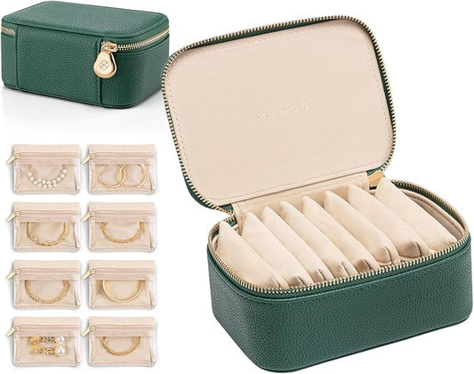 Vlando Travel Jewelry Box Organizer - 8 Small Velvet Zipped Pouches Pockets for Jewelries Necklaces Rings Earrings Sorting Storage, Dark Green