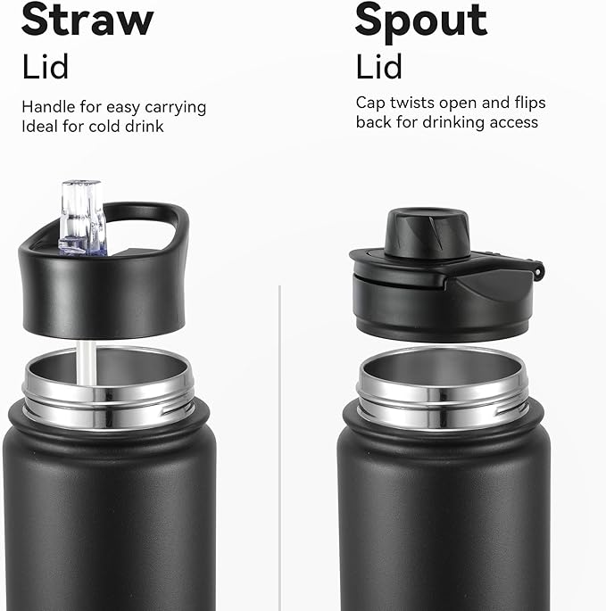 16 oz Insulated Water Bottle with Straw Lids, Stainless Steel Kids Water Bottles for School, Double Wall Vacuum Metal Water Bottle with Straw & Wide Mouth Lid, Black 4 Pack