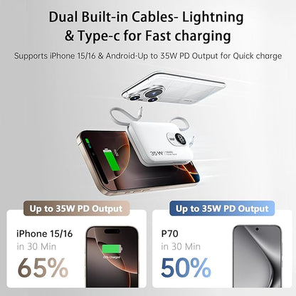 W&P Portable Charger for iPhone, 35W Fast Charging 10000mAh Portable Power Bank with Built-in USB-C & Lightning Cables, Compact Travel Battery Pack for iPhone 15/14/13, Android, iPad, MacBook