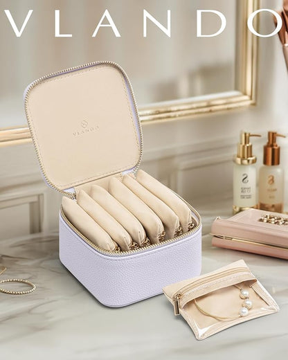 Vlando Travel Jewelry Case,Small Jewelry Box with 6 velvet zipper pockets,PU Leather Travel Jewelry Organizer for Women Girl Travelers Christmas Birthday Gift-Purple