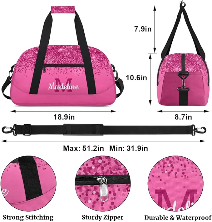 Personalized Kids Sports Duffel Bag with Name Custom Weekender Overnight Bag for Boys Girls Gym Bag Travel Dance Gymnastics Duffel Bag, DeepPink Glitter