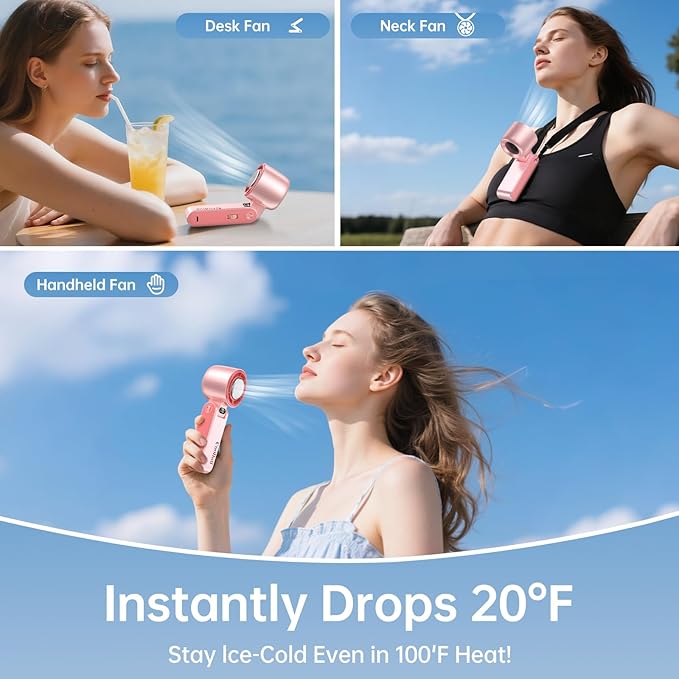 Handheld Portable Fan with Ice Cooler: 100-Speed 5500mAh Rechargeable Handheld Fan, 12H Time Hand Cooling Personal Fans with 20000 RPM Air Turbo Tech for Travel Outdoor (Pink)