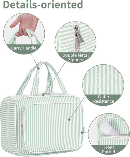Narwey Striped Travel Toiletry Bag for Women Large Hanging Makeup Bag Organizer Toiletries Bag for Full Size Essentials Accessories Cosmetics (Mint Green Stripe (Large))