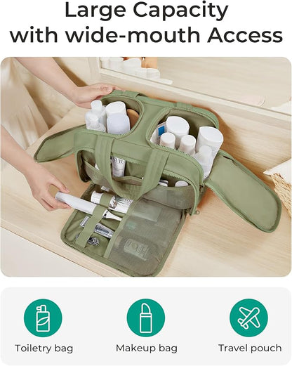 BAGSMART Travel Toiletry Bag, Lightweight Large Wide-open Travel Bag for Women, Puffy Cosmetic Makeup Bag Organizer with Handle for Accessories,Essentials, Toiletries, Green