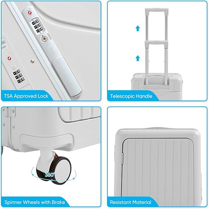 20 Inch Ride on Luggage With Seat For Kids&Adults,with Front Pocket, Foldable Seat Back TSA Approved Lock, 360° Spinner Wheels (20 inch,White)