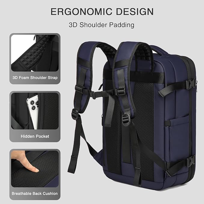 Vacuum Seal Travel Backpack 45L - Expandable Air Compression System, Water-Resistant, Carry-On Suitcase Luggage with TSA Lock Fits 18" Laptop - Vacuum Pump Included (Blue)