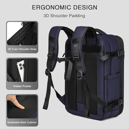 Vacuum Seal Travel Backpack 45L - Expandable Air Compression System, Water-Resistant, Carry-On Suitcase Luggage with TSA Lock Fits 18" Laptop - Vacuum Pump Included (Blue)