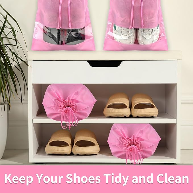 20 Pack Shoe Bags for Travel, Large Travel Shoe Bags for Packing with Clear Window, Dustproof Drawstring Travel Shoe Storage Bags Travel Essentials for Men & Women, Pink