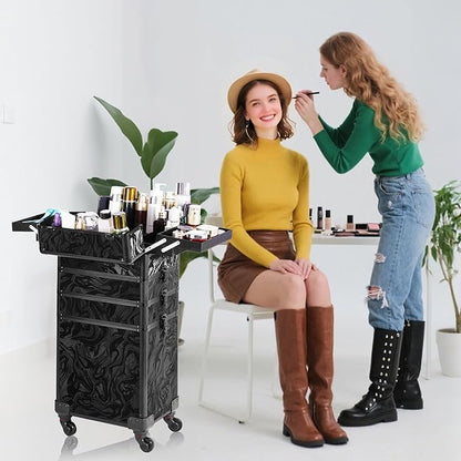 Rolling Makeup Case, Makeup Train Case with Lid, 5 in 1 Cosmetology Case on Wheels, Christmas Gift, Large Makeup Organizers, Profesional Cosmetic Case for Salon Barber, Pattern Black