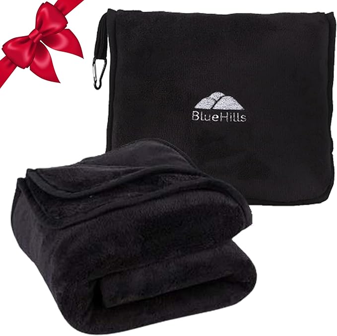 BlueHills Premium Soft Tall Travel Blanket Pillow Airplane Flight Blanket Long Throw in Bag Pillowcase with Backpack Clip Compact Large Long Traveling Essentials Portable Black T054