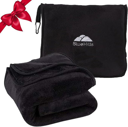 BlueHills Premium Soft Tall Travel Blanket Pillow Airplane Flight Blanket Long Throw in Bag Pillowcase with Backpack Clip Compact Large Long Traveling Essentials Portable Black T054