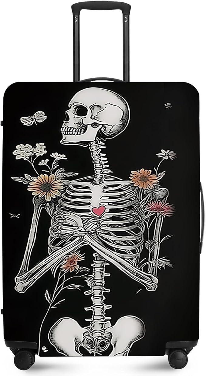 ANNA QUEEN Funny Skull Flower Travel Luggage Cover Suitcase Protector Suitcase Cover Anti-Scratch,Stretchable Fit for 18-32Inch Luggage,Travel Bag Cover Washable L(fits 26-28Inch suitcase)