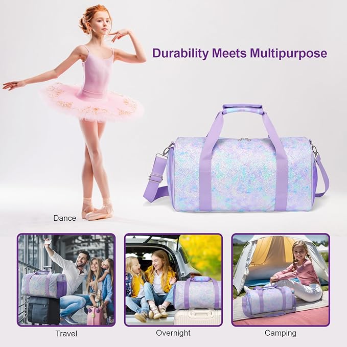 Bagseri Duffel Bags for Kids - Girls Dance Ballet Bag Waterproof Sports Gymnastics Bag for Girls Kids Sleepover Duffel Bag with Shoe Compartment and Dry Wet Separation Pockets (Tie-dye, Purple)