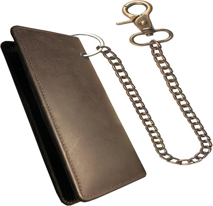 CLASSIC Motorcycle Chain Wallet for Men – Premium Cowhide Leather, RFID Bi-Fold Biker Wallet for Bikers Truckers & Hunters, Credit Card Money Organizer Long Wallet Crazy Horse Brown Vintage Chain