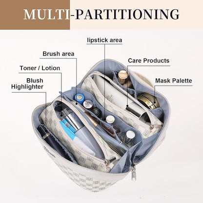 BOYATU Travel Makeup Bag Cosmetic Bags for Women: 3 Pcs Set Portable Make up Bag with Handle - Vegan Leather Toiletry Bags with Compartments - Makeup Organizer for Travel Essentials (C-3-White)