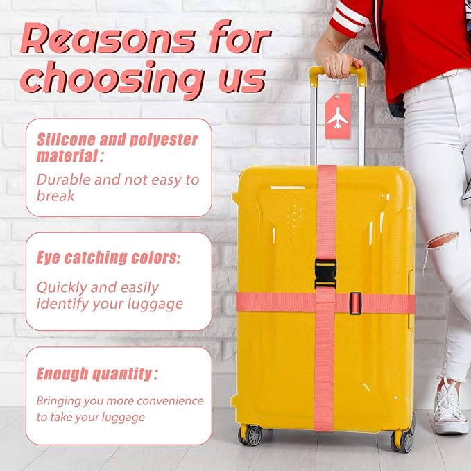 Weewooday 8 Pcs Luggage Straps Suitcase Tags Set for TSA Approved, 4 Travel Adjustable Suitcase Belt, 4 Silicone Luggage Tags with Name ID Card Travel Accessories(Dark Pink,Airplane)