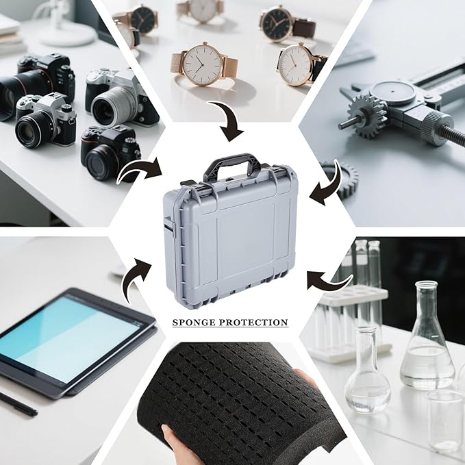 1 Pcs 14.3 x 11.4 x 4.5 Inch Waterproof Hard Case with DIY Customizable Foam Insert Portable Protective Case with Knife for Camera Drones Equipments Tools Test Instruments (Gray)