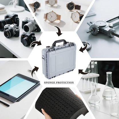 1 Pcs 14.3 x 11.4 x 4.5 Inch Waterproof Hard Case with DIY Customizable Foam Insert Portable Protective Case with Knife for Camera Drones Equipments Tools Test Instruments (Gray)