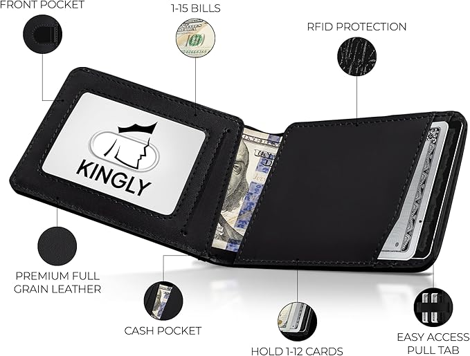 Kingly Cash Pocket Slim Wallet for Men - RFID Blocking Leather Card Holder - Minimalist Men’s Wallet for Front Pockets - Holds 1-15 Cards & Cash - Durable Italian Leather Wallets