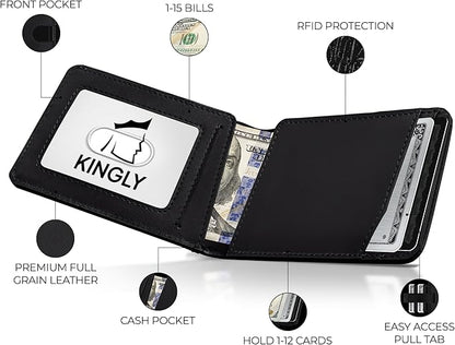 Kingly Cash Pocket Slim Wallet for Men - RFID Blocking Leather Card Holder - Minimalist Men’s Wallet for Front Pockets - Holds 1-15 Cards & Cash - Durable Italian Leather Wallets