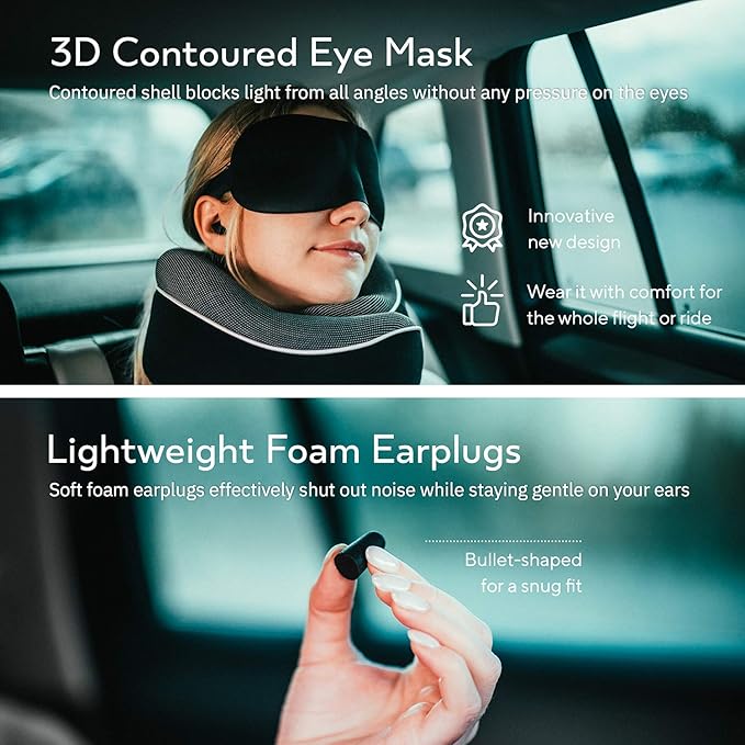 Proglobe Orthopedic Neck Pillow, Travel Neck Pillows for Airplanes, Memory Foam Kit, 360° Head Support, Airplane Pillow Set with 3D Contoured Eye Masks, Earplugs, and Luxury Mesh Bag (Black)