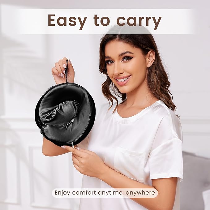 THXSILK 100% Mulberry Silk Neck Pillow for Traveling, Pure Memory Foam Travel Pillow for Airplanes, Travel Neck Pillow for Sleeping, Head and Neck Support, Includes Storage Bag (Black)