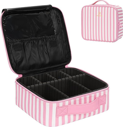 Relavel Travel Makeup Train Case, Cosmetic Case Makeup Organizer, Professional Artist Storage Bag with Adjustable Dividers for Cosmetics Brushes, Birthday Gifts for Girls and Women, Pink Stripe