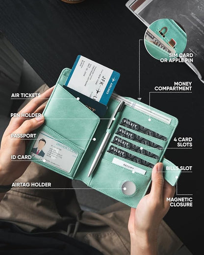 VULKIT Passport Holder with Airtag Holder RFID Blocking Passport Wallet Travel Leather Passport for Women(Mint Green)