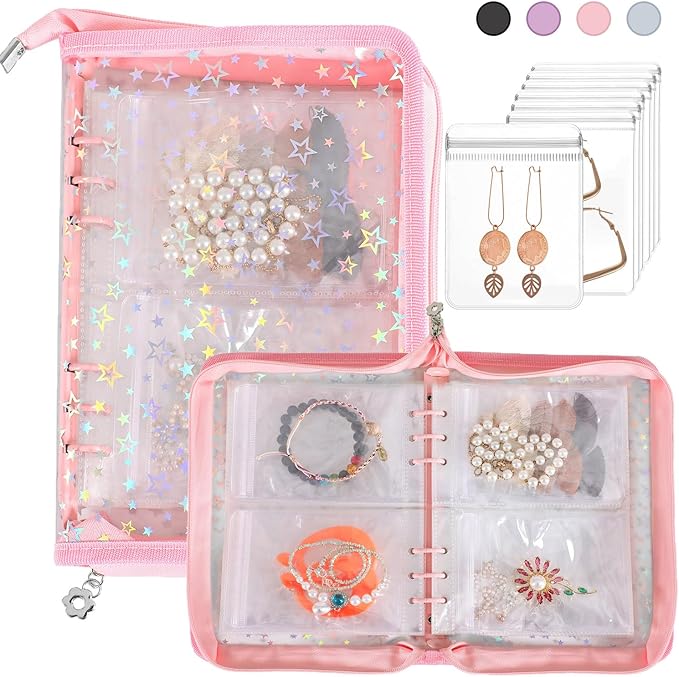 Jewelry Organizer Case Travel Clear Earring Organizer Case Transparent Jewelry Storage Book with Clear Zippered Jewelry Pouch (Pink, with 48 Pcs large Jewelry Pouches)