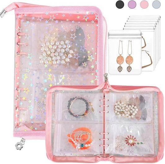 Jewelry Organizer Case Travel Clear Earring Organizer Case Transparent Jewelry Storage Book with Clear Zippered Jewelry Pouch (Pink, with 48 Pcs large Jewelry Pouches)